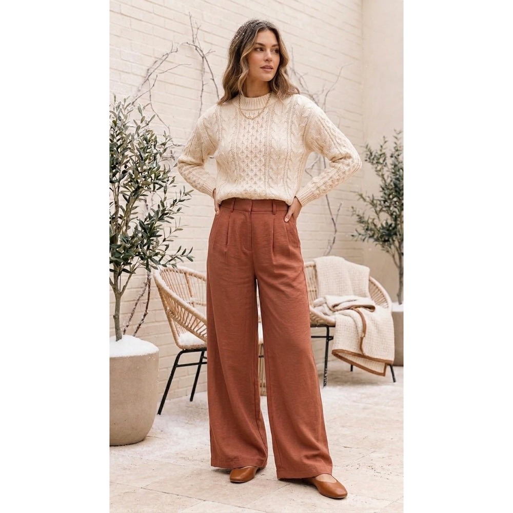 Altar'd State Wide Leg Pants Womens XS Rust Brown Pleated Satin Trouser